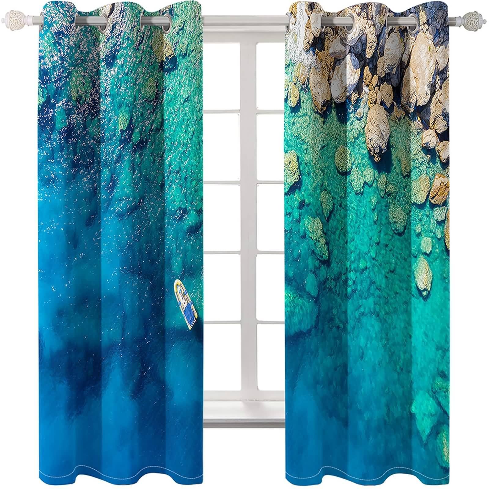 Vorhänge Schlafzimmer Modern, 86x115cm Blau Braun Meeresfelsen und Schiff Verdunklungsvorhänge mit Ösen