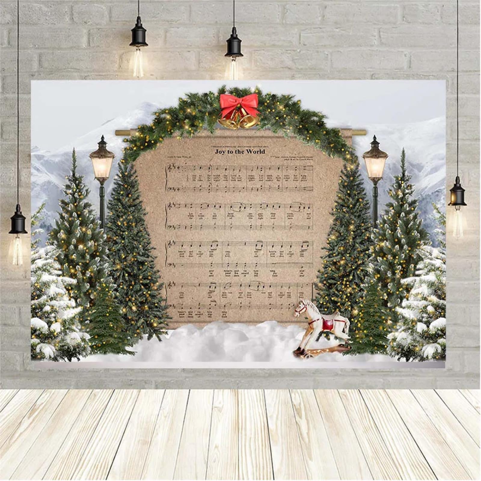 Merry Christmas Joy to The World Sheet Music Photography Background Snow Scene Mountain Christmas Tree Backdrop, 9x6 Feet