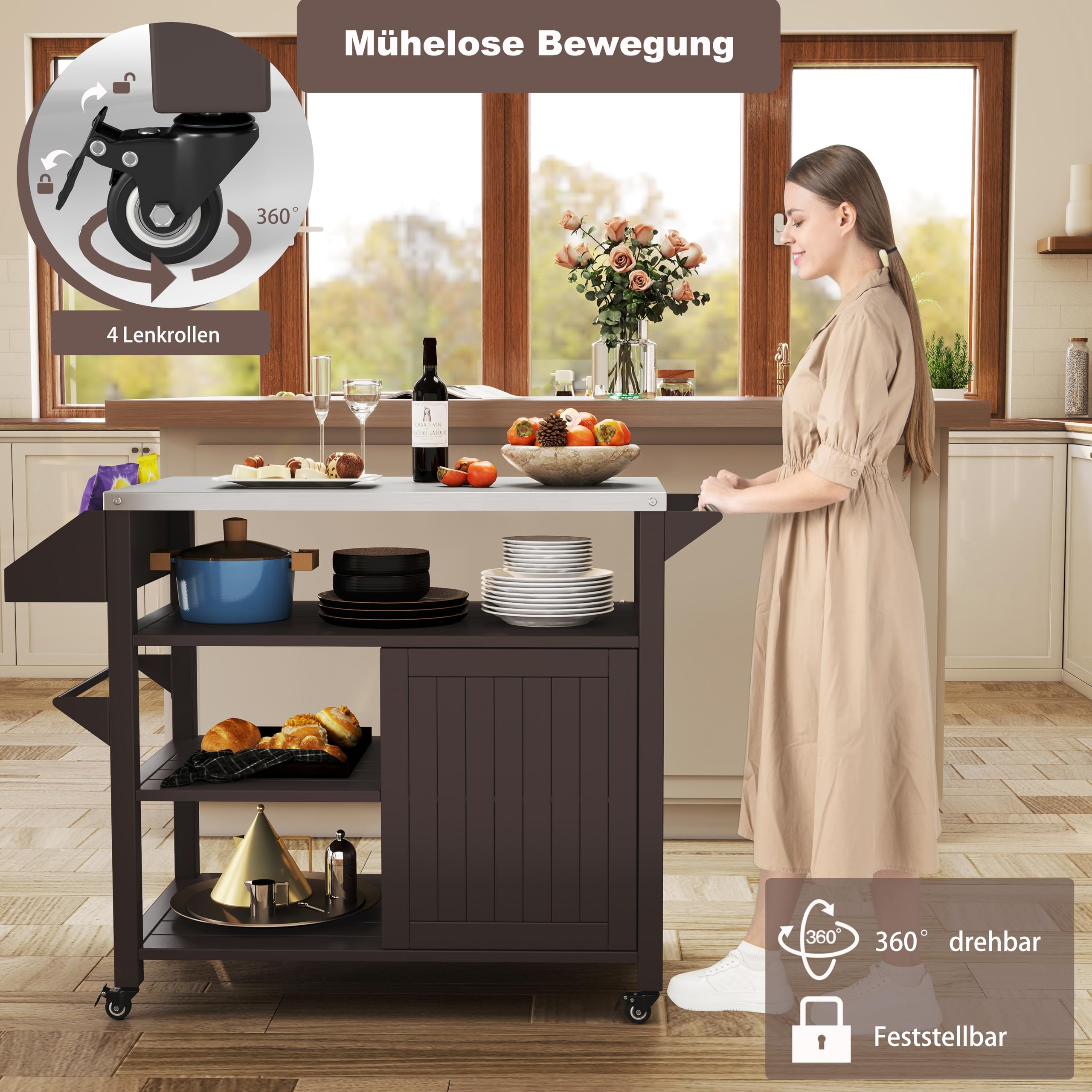 GOPLUS Wózek grillowy na zewnątrz, stół BBQ z dużą powierzchnią roboczą, wózek do serwowania ze stali nierdzewnej z 3 półkami, 4 kółkami, szafką i uchwytem, wózek Plancha na podwórko, taras i ogród