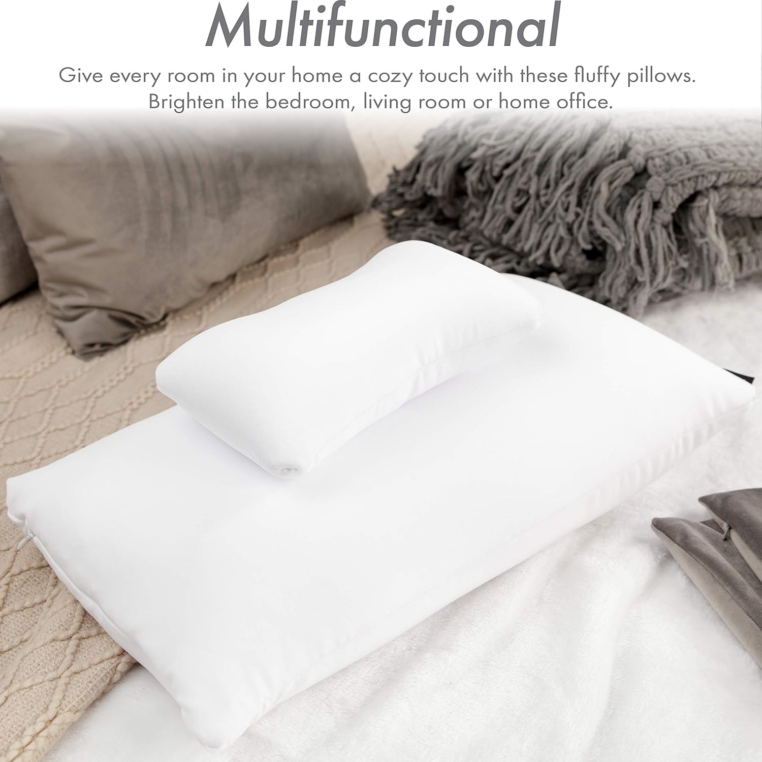PILLOWY 16" x 16" Microbead Stuffer Pillow Insert Sham Square Pillow Cushion for Extra Comfort & Support, Zip Pocket w/Mini Stuffer Zip-in Insert - Adjustable & Perfect Fit with Any Decorative Cover