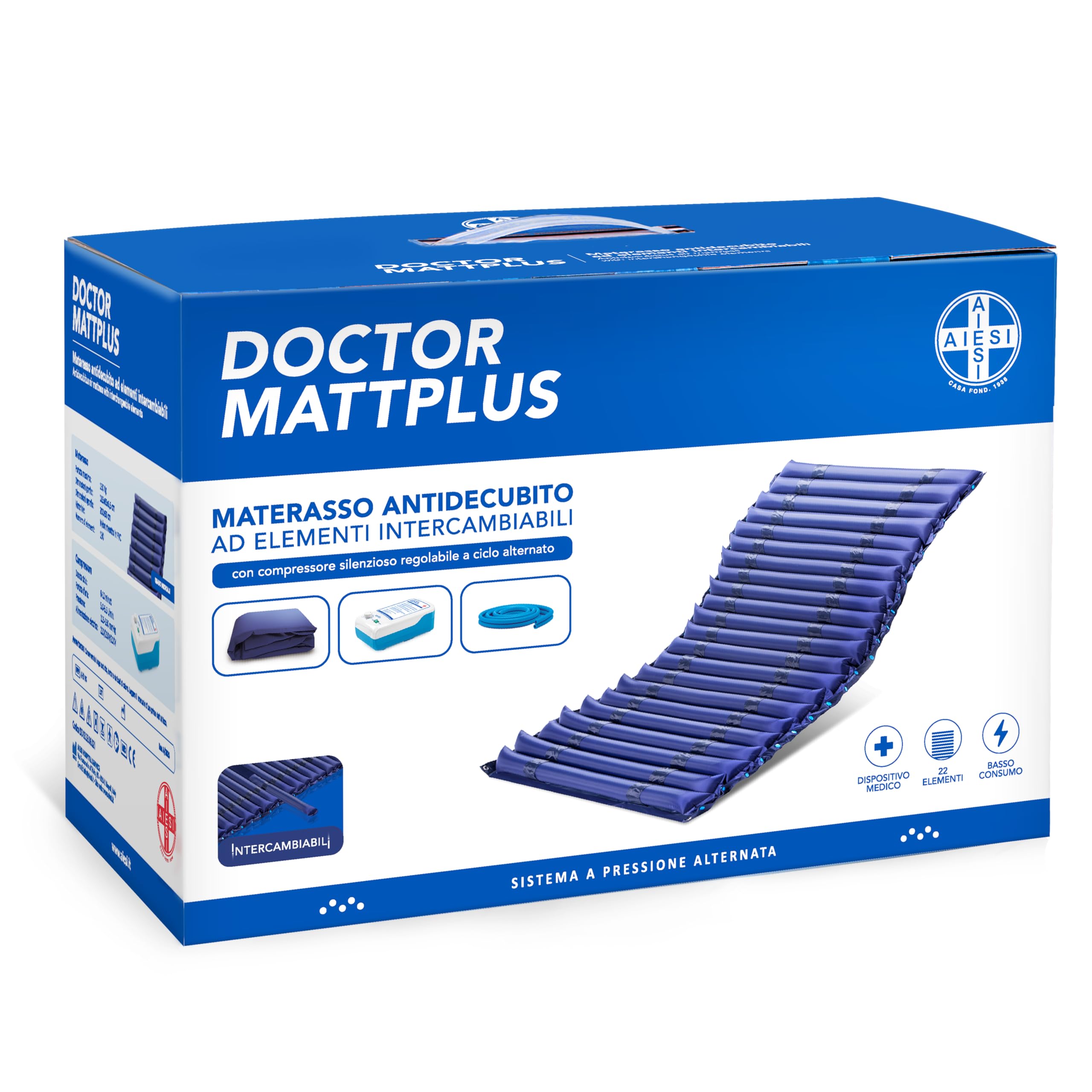 AIESI® Colchón Antiescaras de elementos intercambiables con compresor ajustable de ciclo alterno DOCTOR MATTPLUS, 22 Elementos, Capacidad 150 Kg, Silencioso, Garantía 24 meses