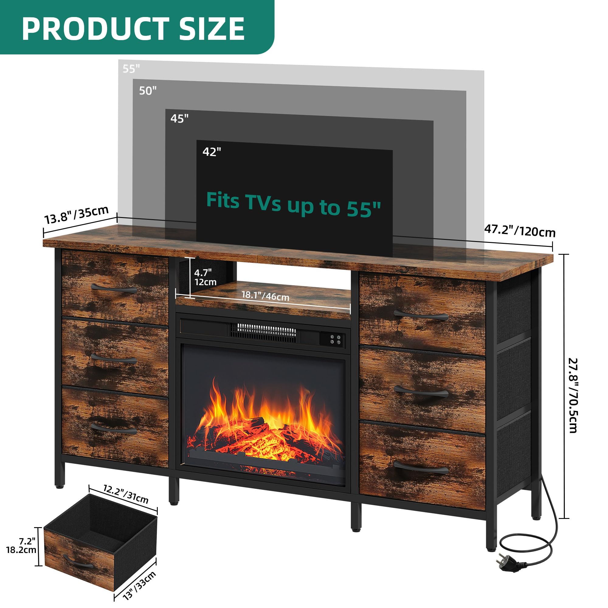 Cassa TV e Fireplace Elettrico YITAHOME 120 cm 3D LED Flame - Dettaglio