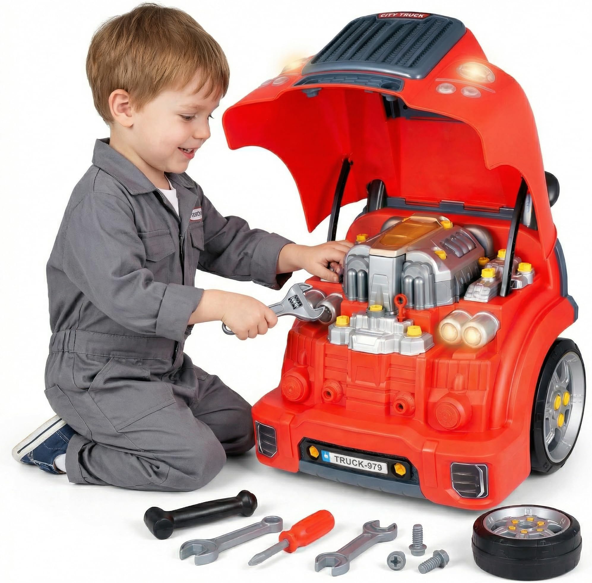 Interactive Truck Engine Toy with Removable Parts - Lights, Sounds, and Fun for Young Mechanics -Unleash their Creativity and Motor Skills with this Truck Engine Toy- Ideal Gift for 3-5-Year-Old Boys