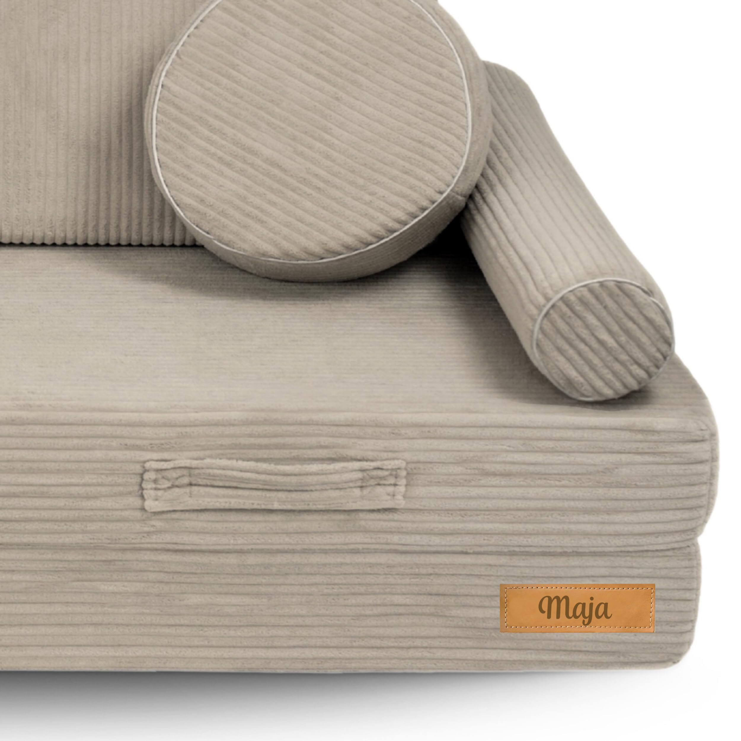 Flumi Kindersessel faltbar – personalisierbar mit Namen, Kinder Polstersessel mit Liegefunktion, ab 1 Jahr, waschbar, 70x70x54 cm (Cord Beige)