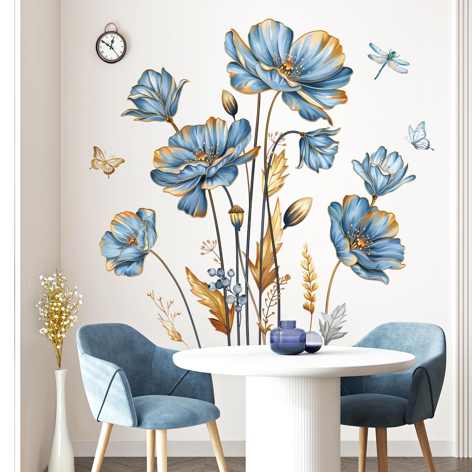 decalmile Large Blue Flower Wall Stickers Floral Butterfly Plants Gold Leaves Wall Decals Bedroom Living Room Sofa TV Background Wall Decor - Image 3