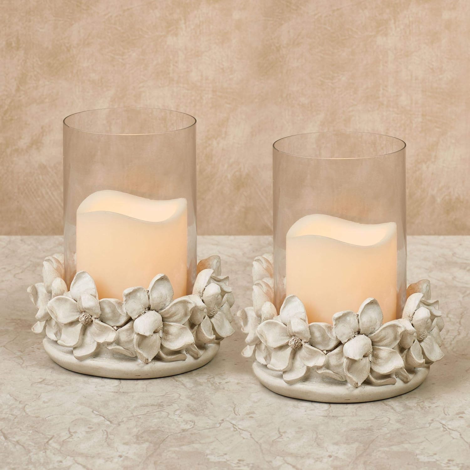 Touch of Class Floral Magnolia Candleholder Pair - Resin, Glass - Antique White - Tabletop Decor for Bedroom, Living Room, Dining Room, Countertop, Office, Entryway, Foyer : Home & Kitchen