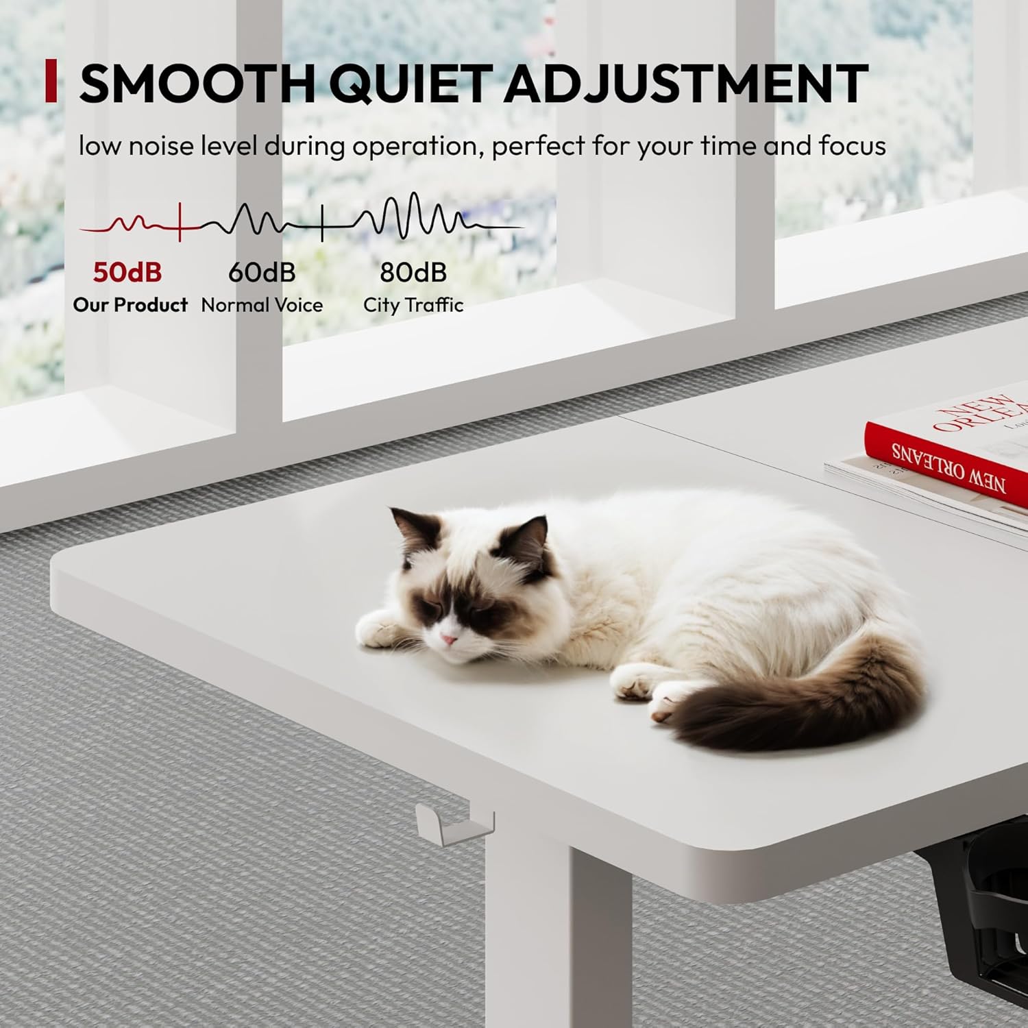 Eine Katze schläft auf einem weißen Schreibtisch; daneben eine Grafik, die den niedrigen Geräuschpegel (50 dB) während der Schreibtischverstellung im Vergleich zu normaler Gesprächslautstärke (60 dB) und Stadtverkehr (80 dB) zeigt.