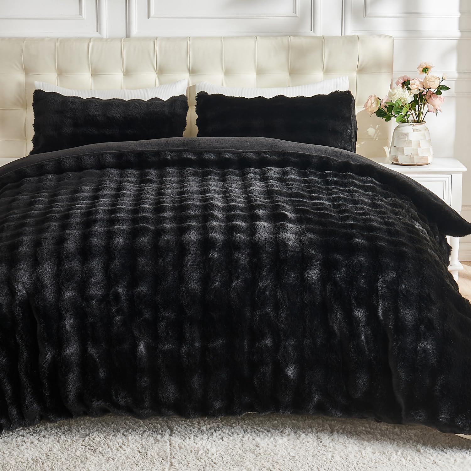 Lotus Karen Fluffy Comforter Cover Set-Rabbit Fluff Faux Fur Duvet Cover Queen Size,Black Plush Fuzzy Furry Bedding Sets 3Pieces(1 Duvet Cover & 2 Pillow Shams),Zipper Closure Black Queen