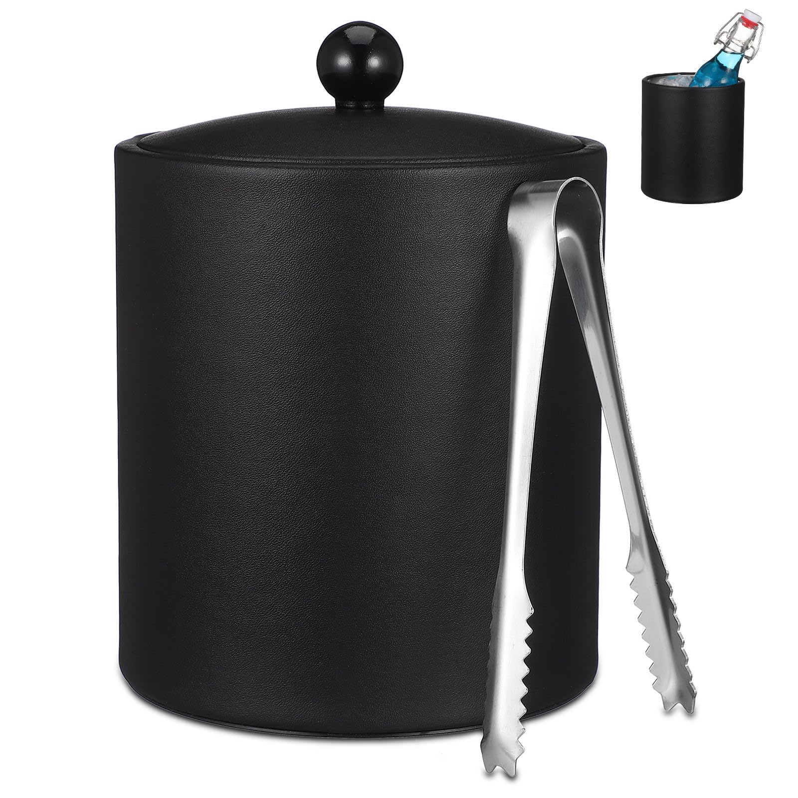 1pieza Cubitera de Acero Inoxidable Reforzado para Hielo y Enfriamiento de Botellas con Pinzas para Vino Cerveza y Cocktails Negro