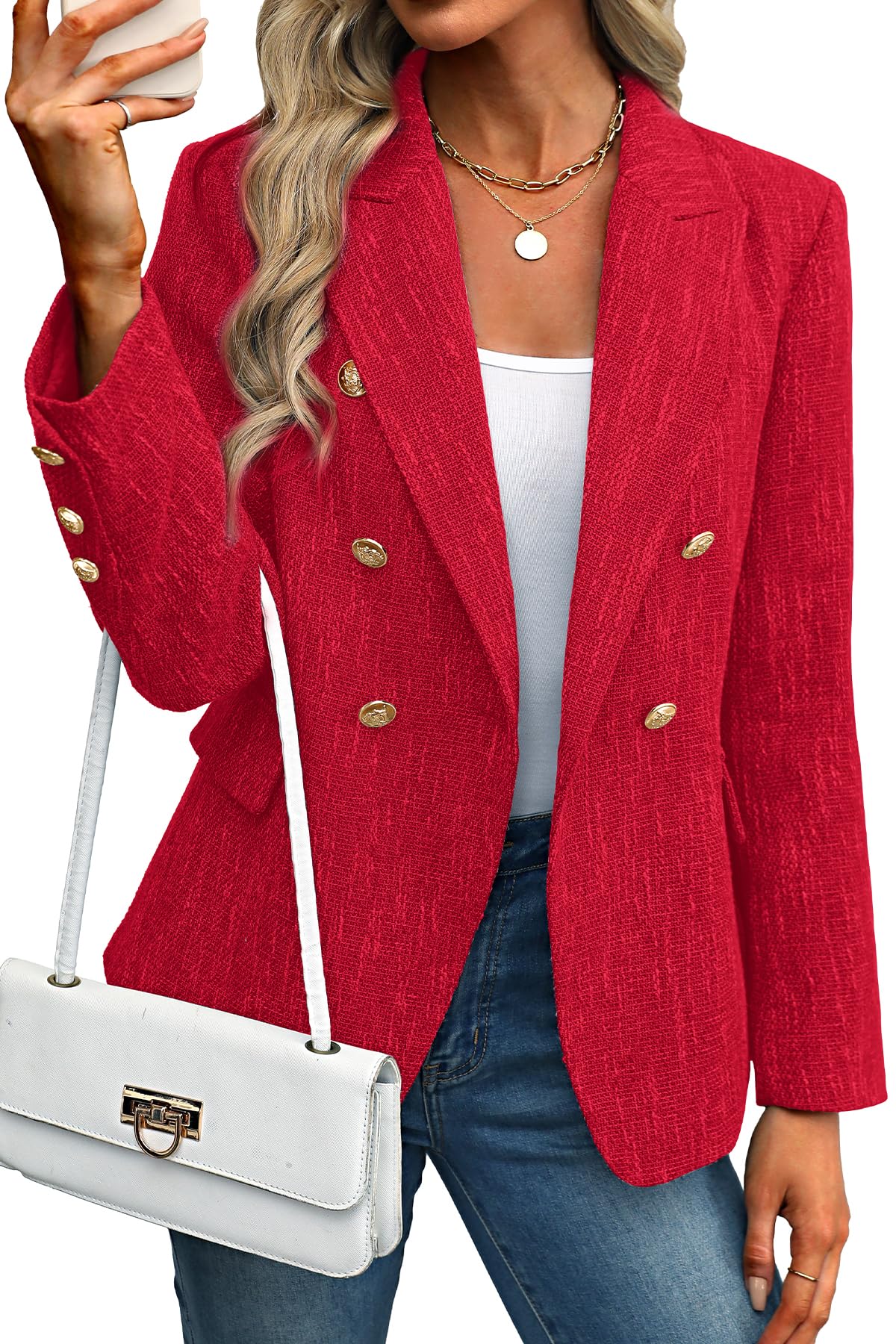 ELLEVEN Womens Tweed Blazers Business Casual - Long Sleeve Double Breasted Jackets Open Front Work Suits