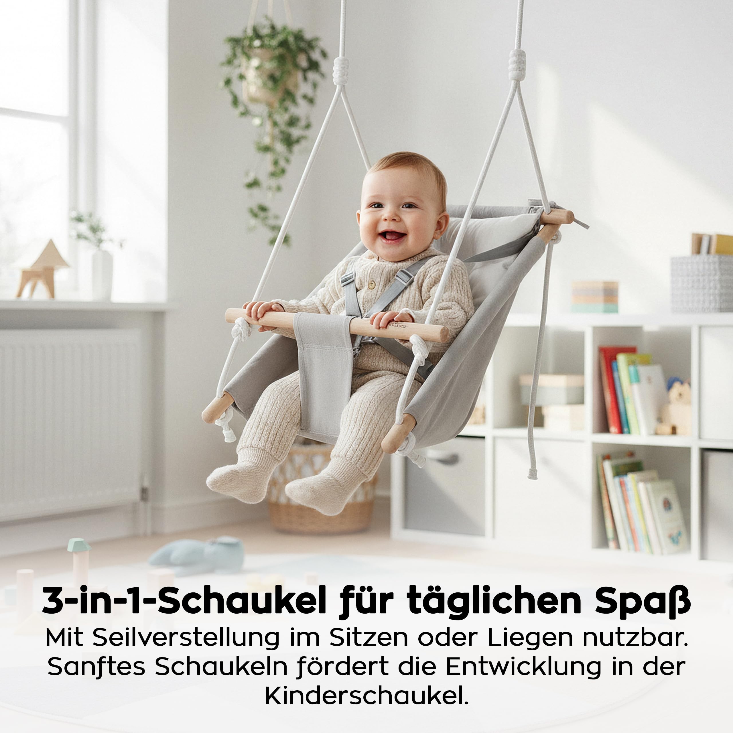 Tulano Hop 40 3in1 Babyschaukel – Mitwachsend durch Sitz - 6–36 Monate | und Liegefunktion - 5-Punkt Sicherheitsgurt - Wendekissen - Ideal für Zuhause und draußen - Belastbar bis 36 kg - Grau