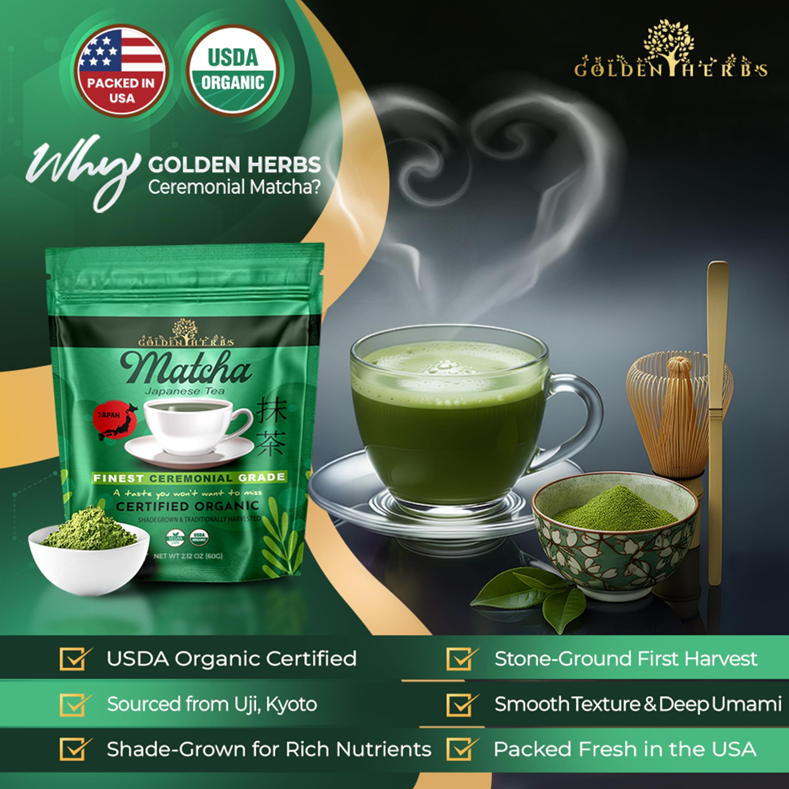 Golden Herbs Matcha Superior Ceremonial Blend Green Tea Powder from Uji Kyoto USDA Organic Gluten-Free Vegan 100 Pure — view 5
