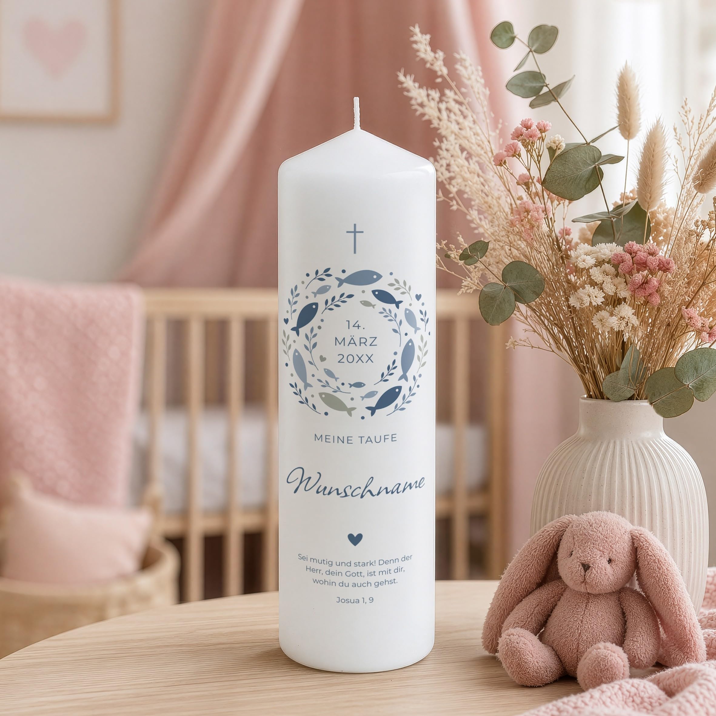 printplanet - Taufkerze "Fische Blau" - Personalisiert mit Name und Datum - Kerze Taufe Geschenk