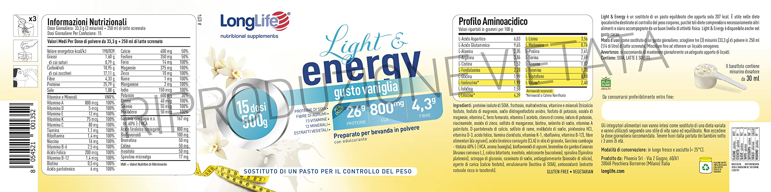 LongLife® Light & Energy Vaniglia | Sostituto pasto | Ricco di proteine, carboidrati, fibre, vitamine e minerali | Mantenimento muscolare | Gusto vaniglia | Vegetariano e senza glutine