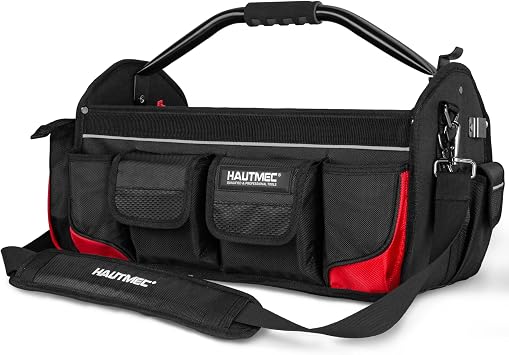 HAUTMEC 18.5" Heavy-Duty Tool Tote, 1680D Open Top Tool Bag with 39-Pockets, Rotating Steel Handle, Padded Shoulder Strap & Water-Resistant Base - HT0178
