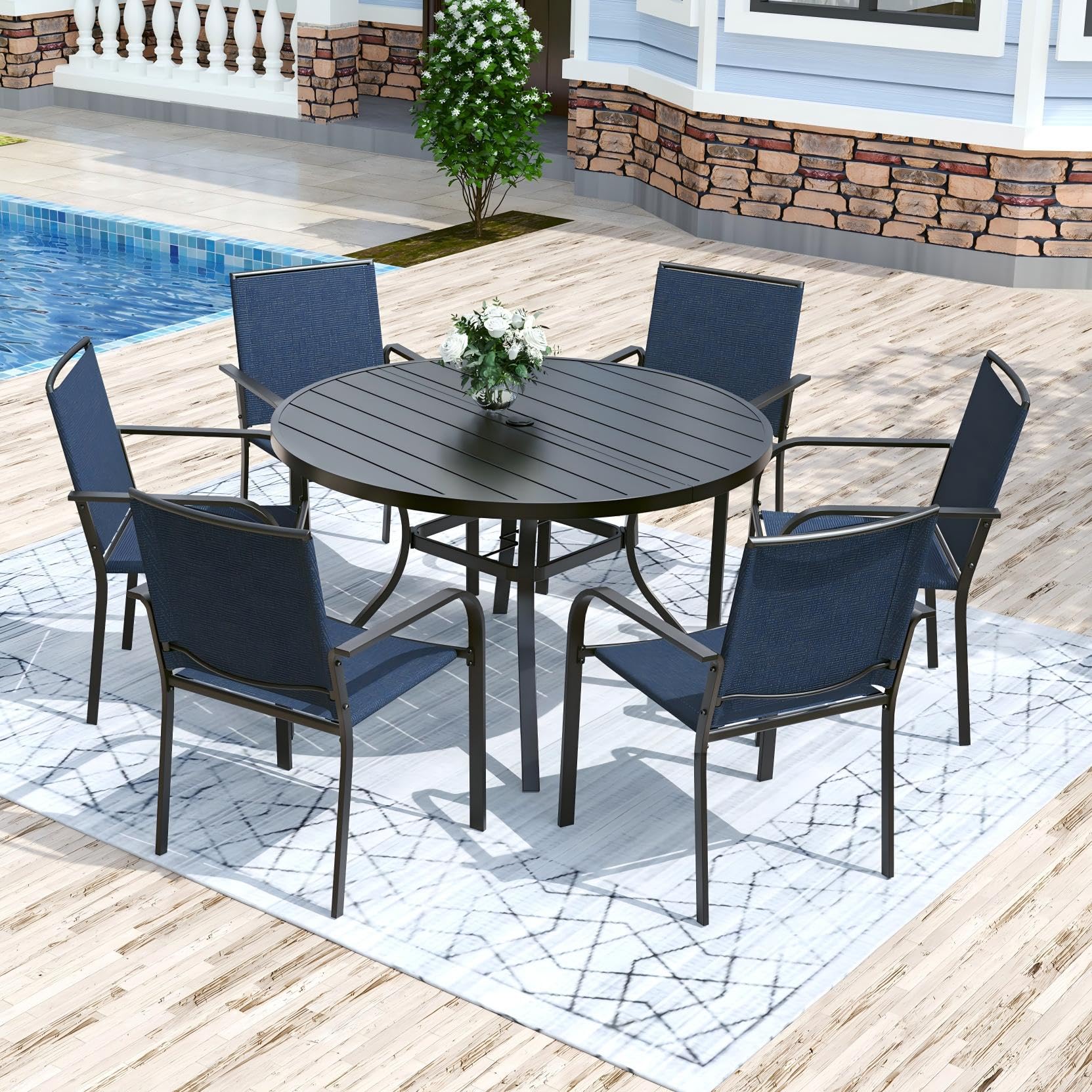 Anmutig 7 Piece Patio Dining Set 48 Inch Round Table Stackable Chairs Blue