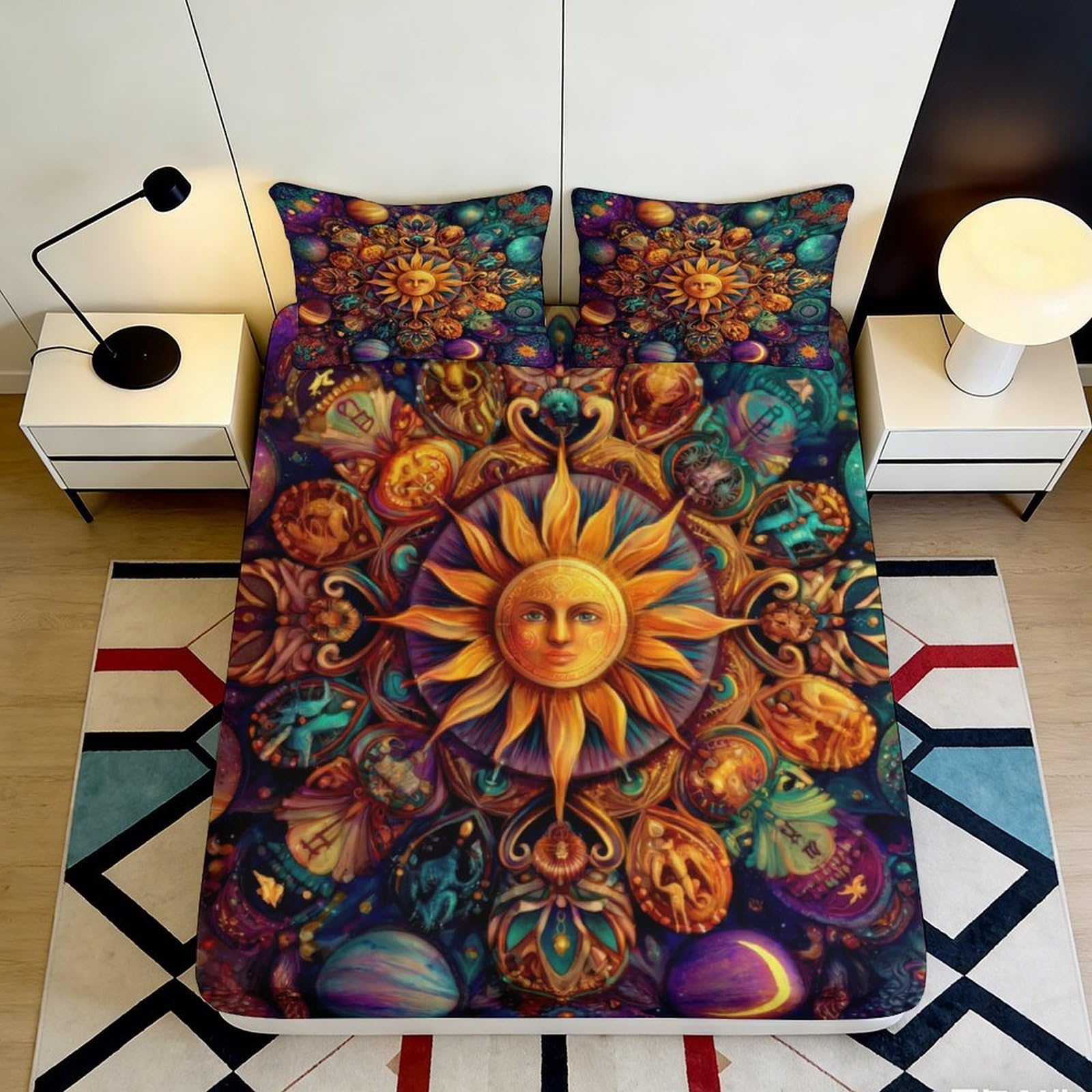 3D Printed Mandala Sun Fitted Sheet Microfiber Soft Zodiac Art Mattress Cover for Bedroom Dorm Decorative Protection 180x200x25cm