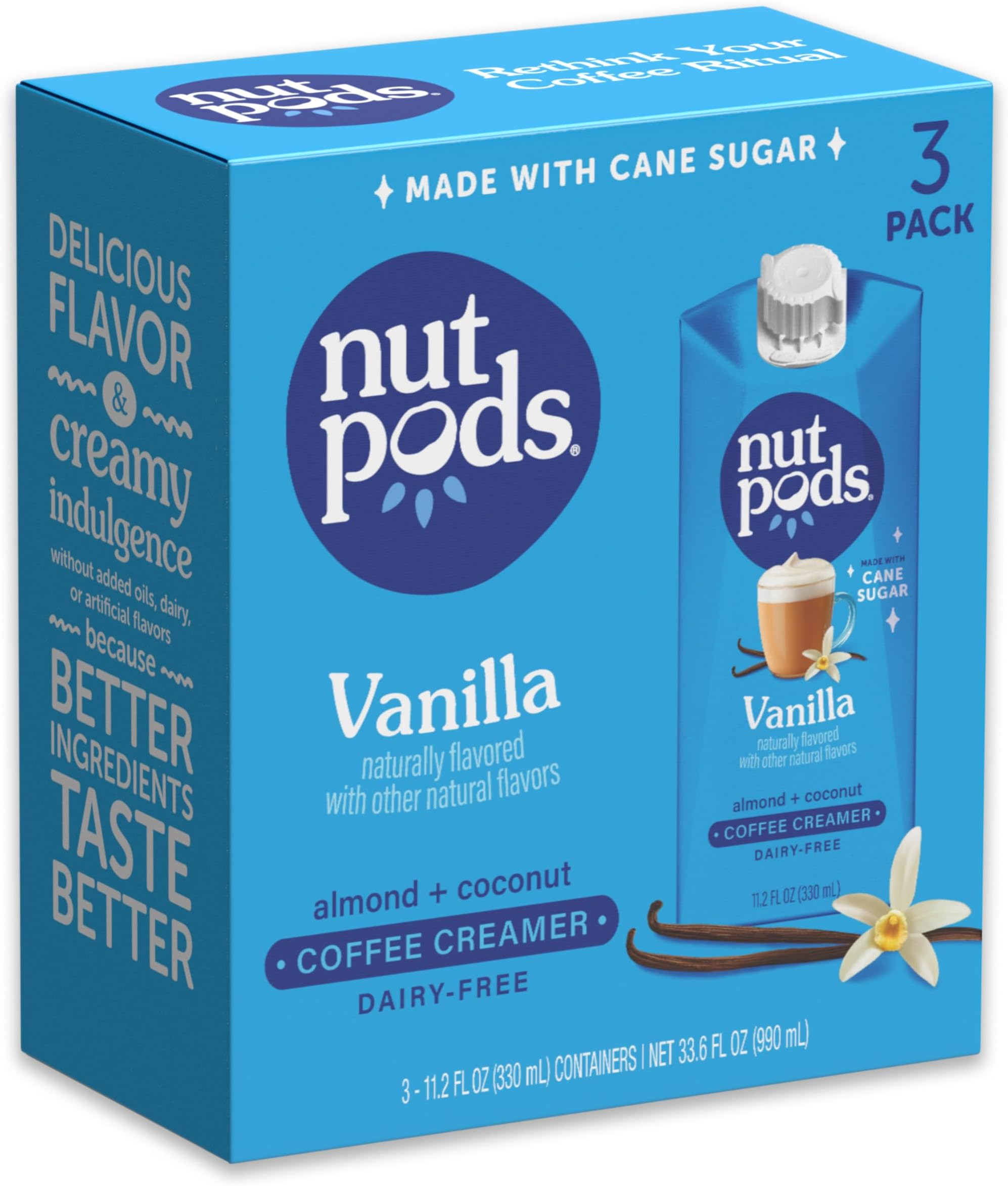 Vanilla Non Dairy Coffee Creamer, Sweetened with Organic Cane Sugar, Made from Almonds and Coconuts, Gluten Free, Non-GMO, Vegan, Kosher, Plant Based (3-Pack)