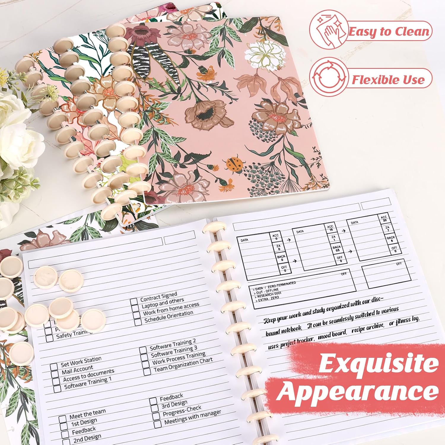2 Set 8.5x11in Discbound Notebook With Removable Pages 100 Sheets Ever Pack Cover Pre installation College Ruled Customizable Notebook System 11 discs Discbound Planner Letter Size For Office School (White&Pink) image 5