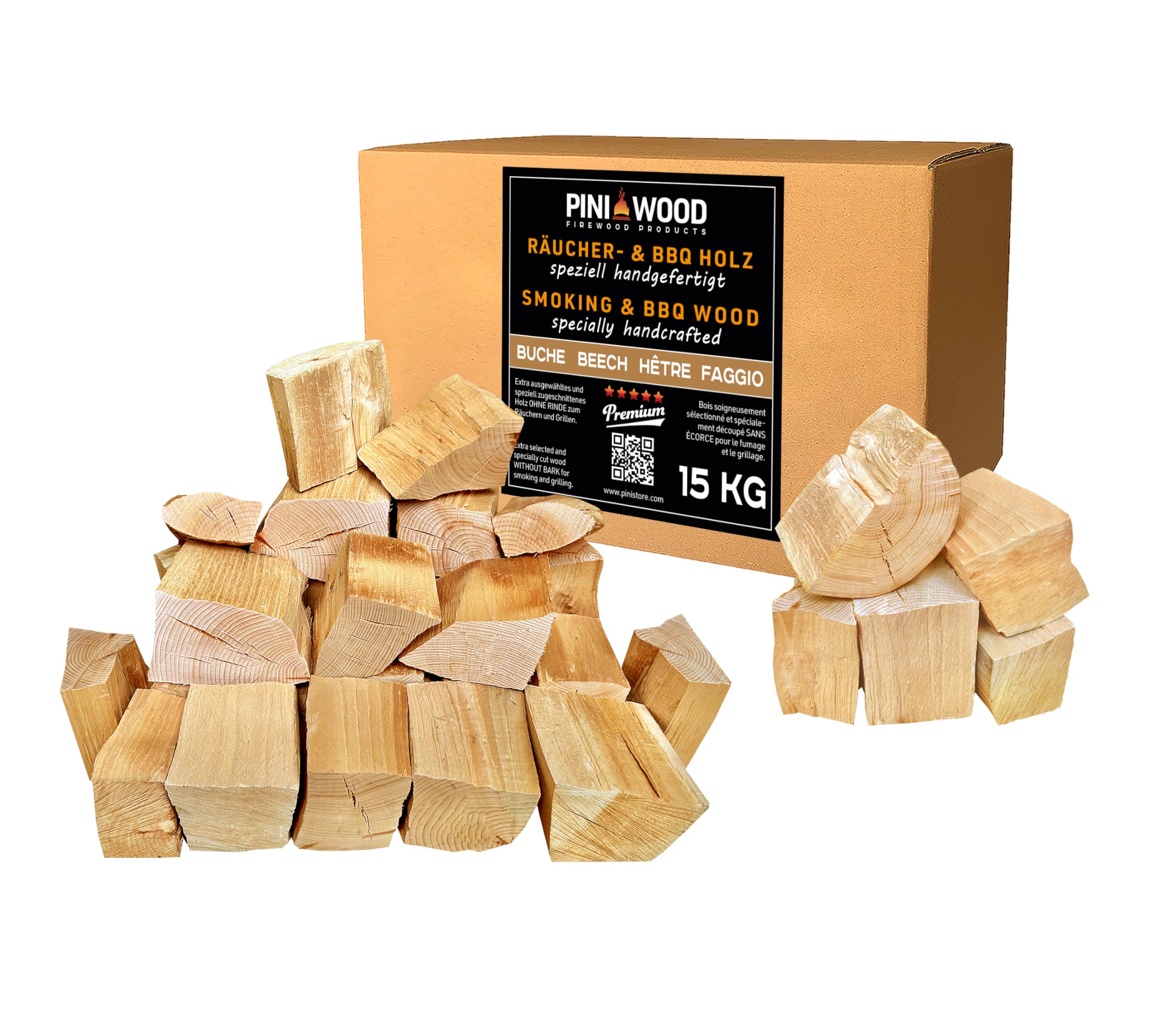 PINI Räucherholz Smokerholz Grillholz BBQ-Holz Wood Chunks Buchenholz OHNE RINDE 15 kg für Smoker Grill