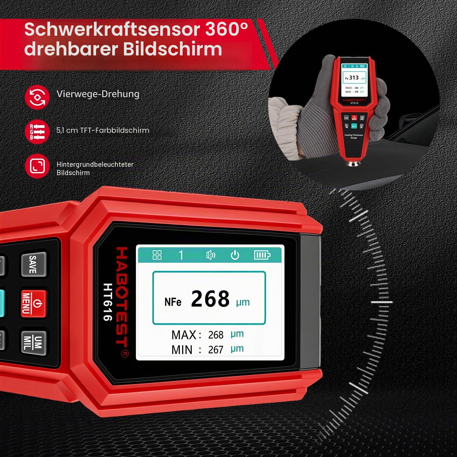 Lackschichtdickenmessgerät für Autos, Digitales Lackmessgerät mit Balkendiagramm, Fe/NFe-Sonde, 0-1800 μm Messbereich, 4-Wege-Farbdisplay mit Hintergrundbeleuchtung für Unfallwagen-Check