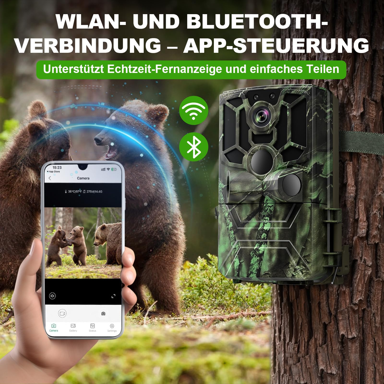 Wildkamera mit Handyübertragung App, 5K Video 60MP Full HD WLAN Bluetooth Wildtierkamera Nachtsicht Bewegungsmelder 0,1s Auslösezeit IP66 Wasserdicht 32GB Speicherkarte AA-Batterien
