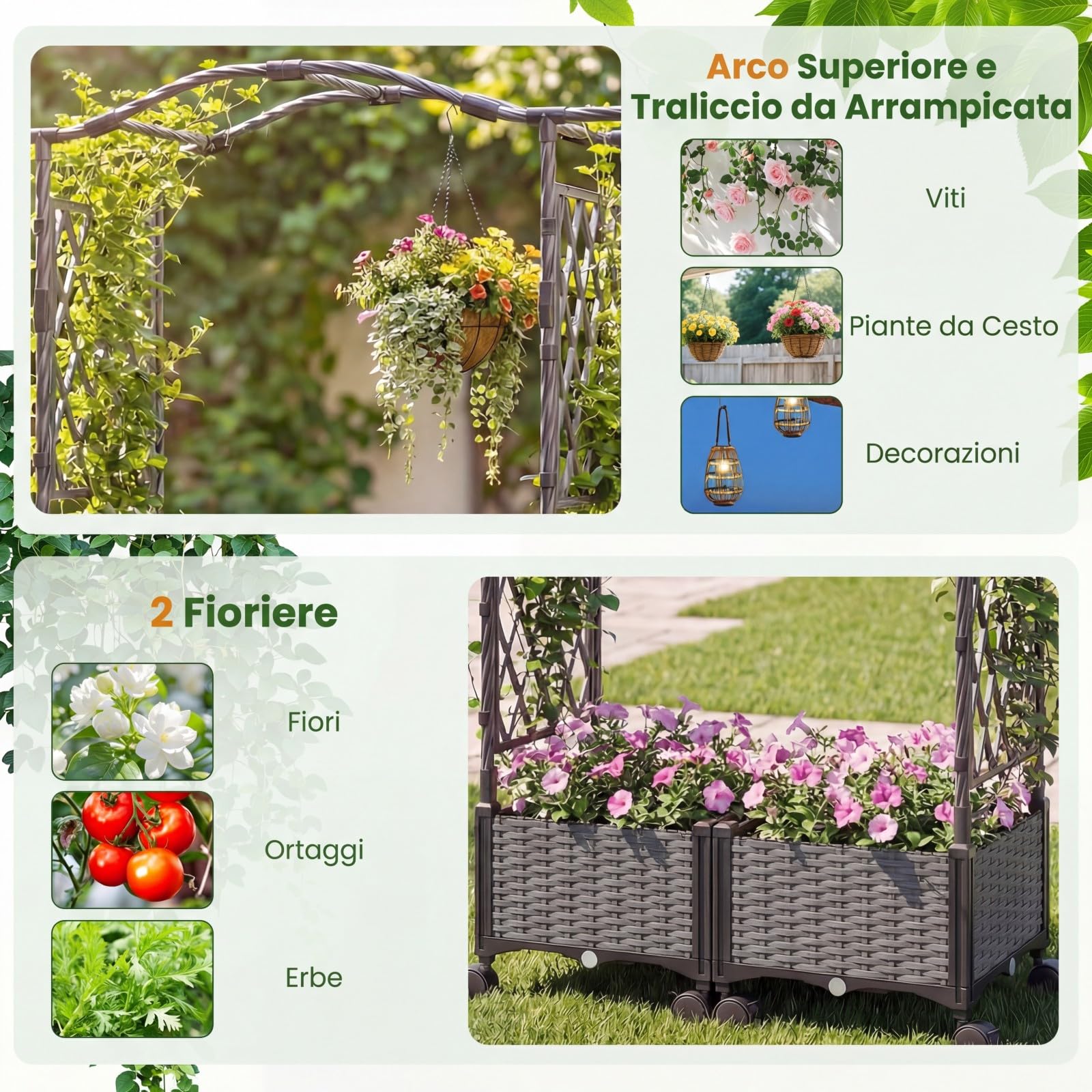 COSTWAY Fioriera Rialzata con Graticcio e Tetto, Irrigazione Automatica e Ruote Bloccatili, Letto da Giardino Rialzato in Rattan Impermeabile per Piante Rampicanti, Fiori ed Erbe (Grigio)