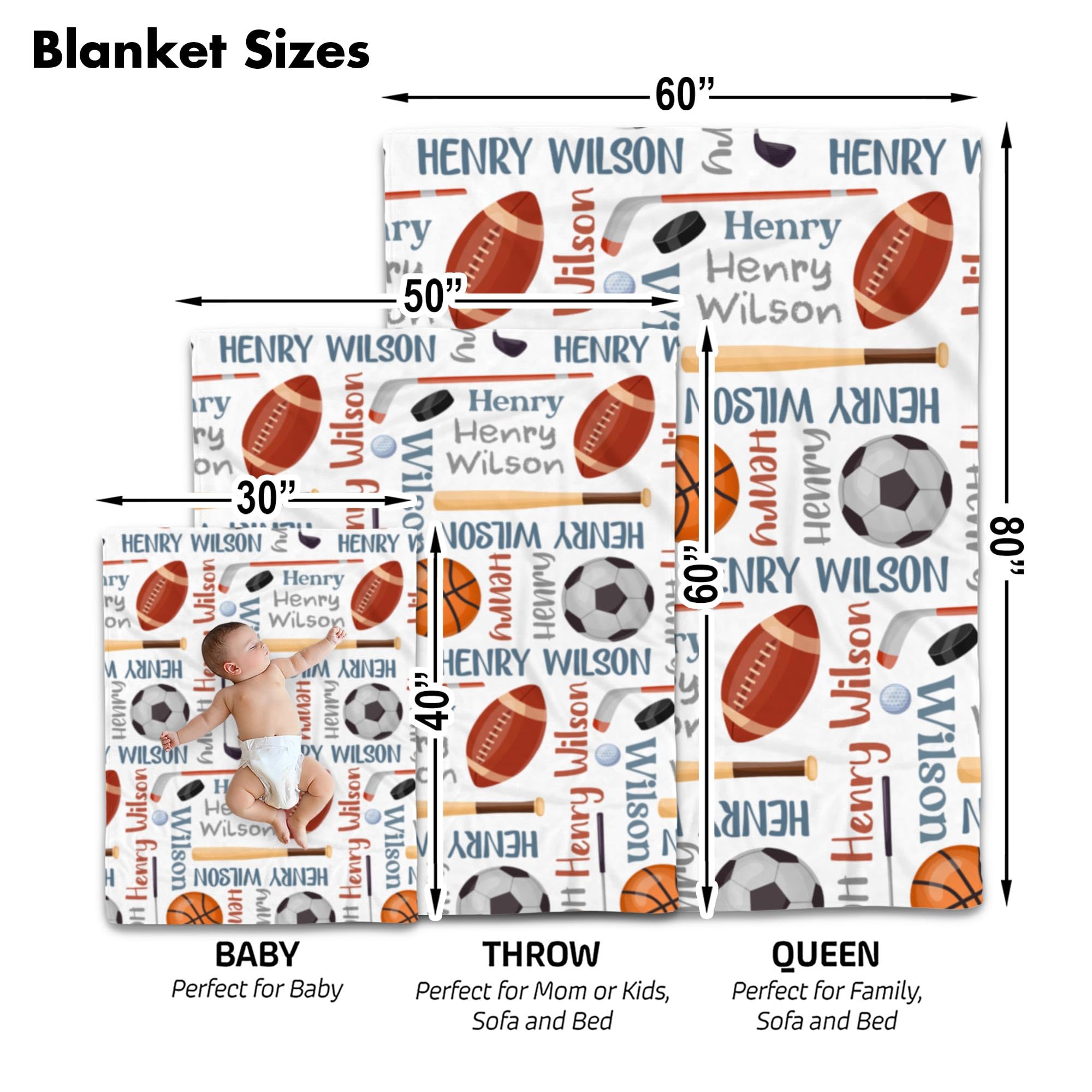 Personalized Sports Baby Blanket, Custom Name Soft Fleece Throw, Newborn Boys Nursery Bedding, Football Basketball Soccer Design, Unique Shower Gift