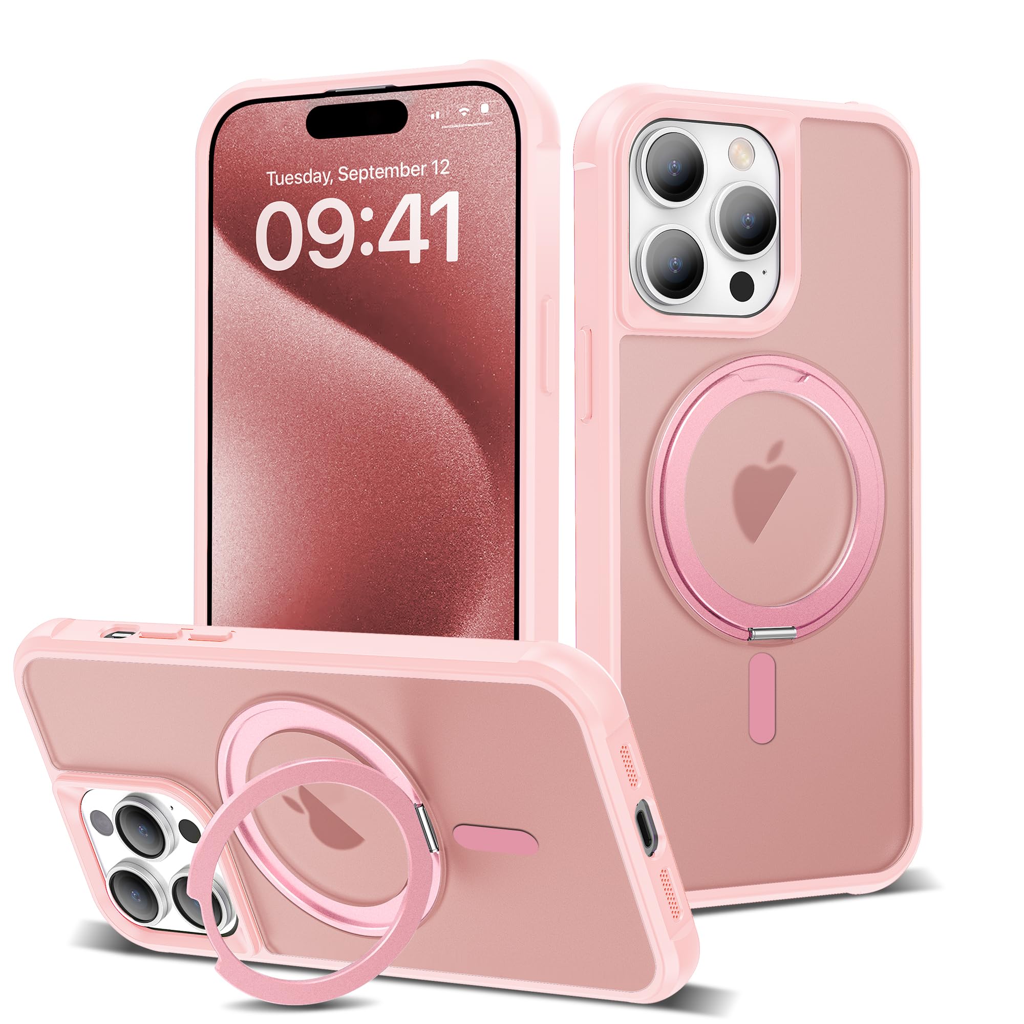 for iPhone 15 Pro Max Case with 360° Rotatable Magnetic Ring Stand [Compatible Mag-Safe] [Military Grade Protection] Translucent Matte iPhone 15 Pro Max Phone Cases for Women Men 6.7'',Pink