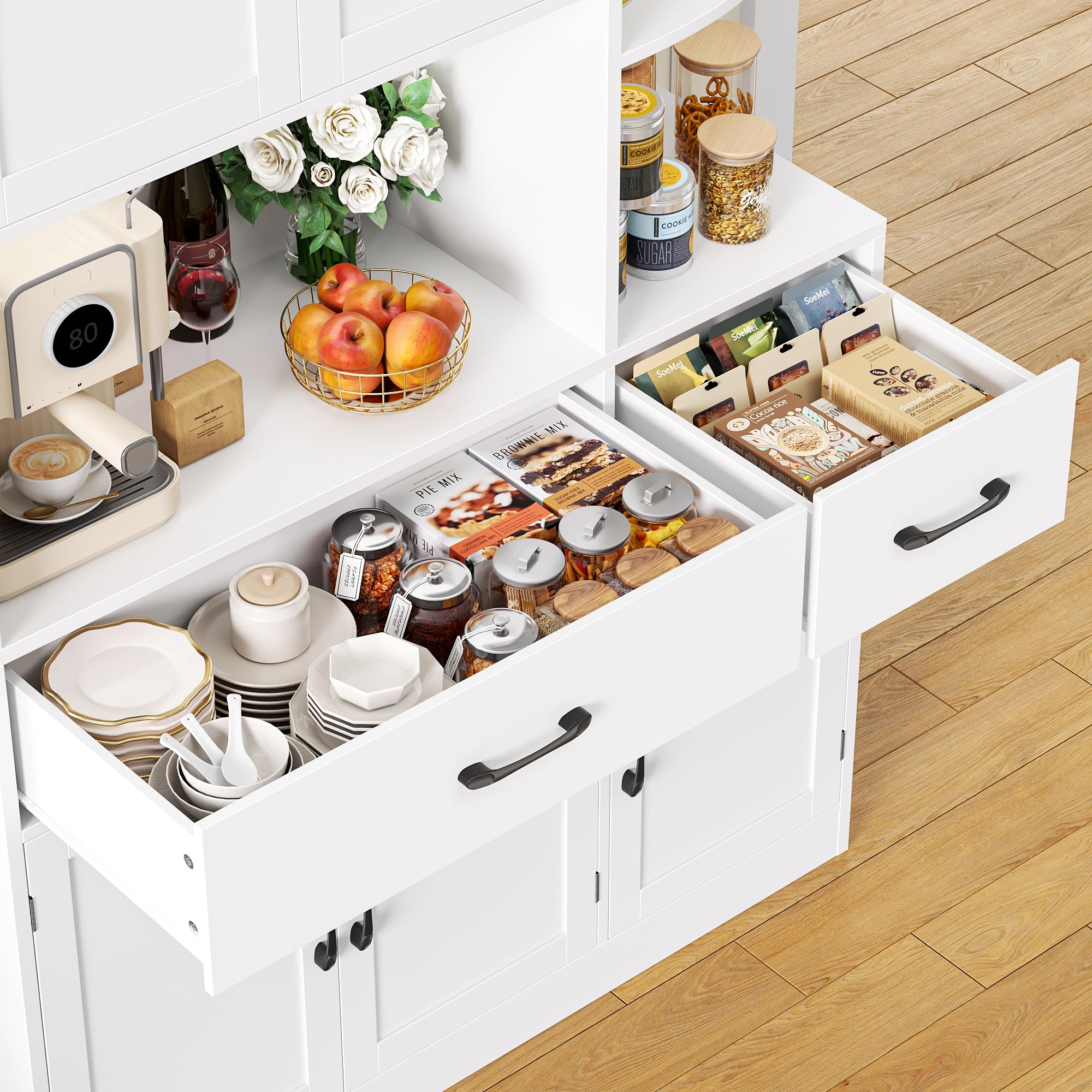 HOCSOK Buffet Cuisine, Haut Armoire de Cuisine, Vaisselier avec Plans de Travail et 2 Tiroirs, Étagère d'angle 3 Niveaux, 5 Türen, Étagère à Micro-Ondes, Meuble de Rangement pour Salle à Manger Salon