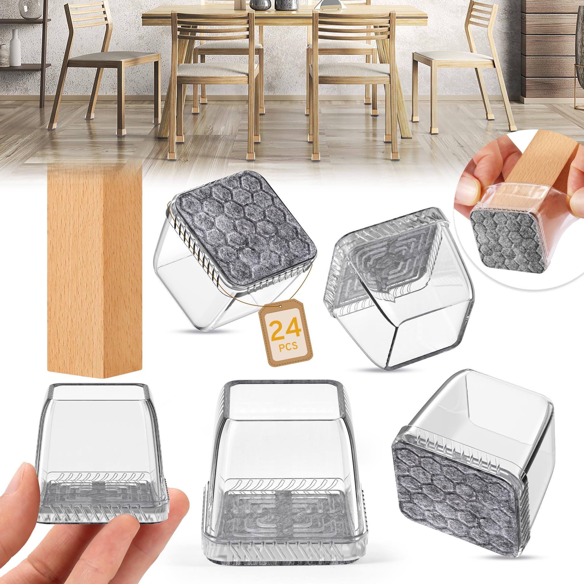 24PCS Square Chair Leg Floor Protectors, Furniture Sliders for Chair Legs, Chair Leg Protectors for Hardwood Floors, Non-Slip Felt Furniture Pads, Silicone Cap Covers to Protect Floors, Large