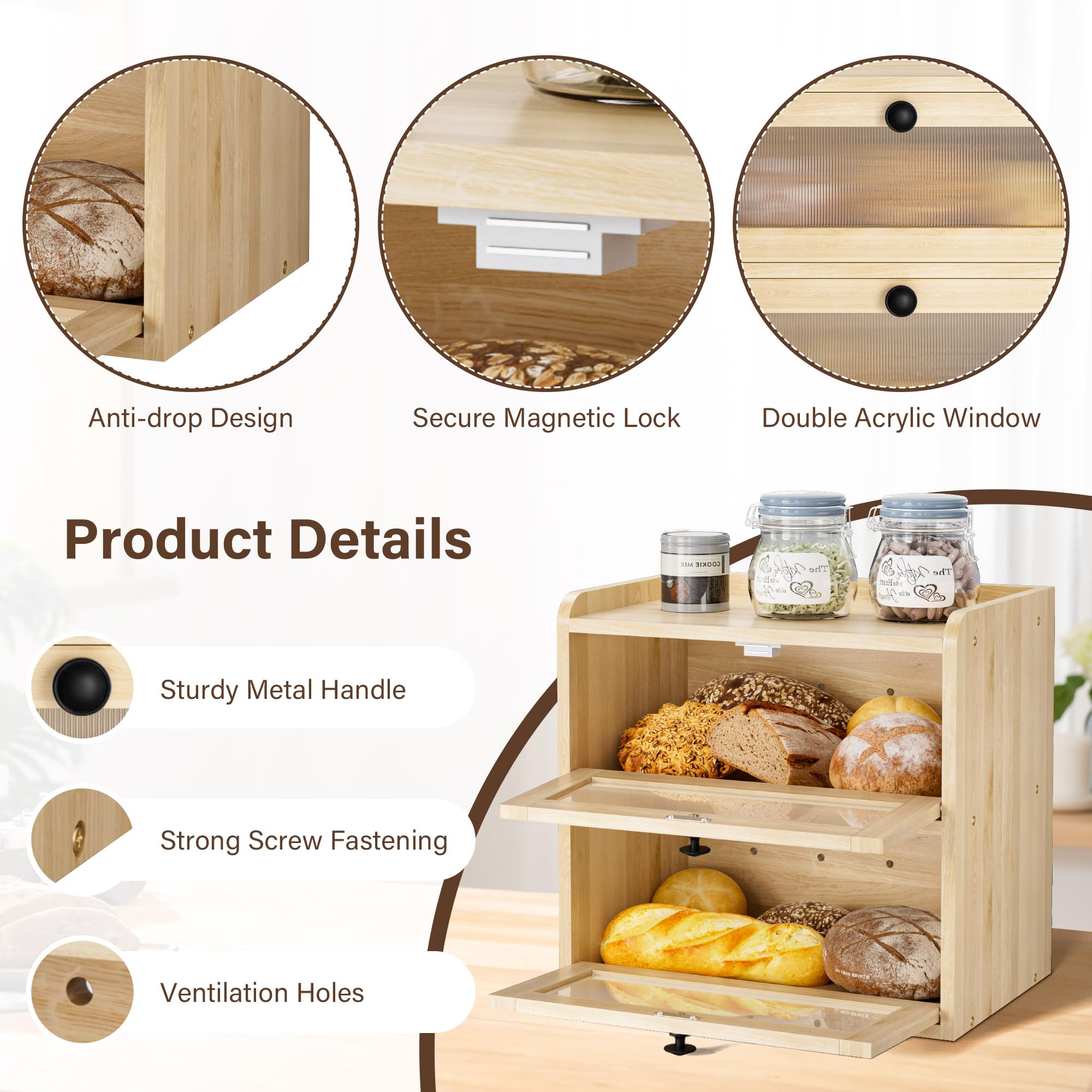 Panera de Madera, Caja Contenedor para Guardar el Pan de Doble Capa con Puerta de Acrílico, Organizador de Encimera para Cocina, Almacenamiento para Bocadillos y Frutas, 36.5x24x34 cm