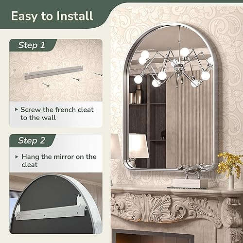 Miniatura 6 de TokeShimi Espejo de baño arqueado de plata cepillada de 26x38 pulgadas con aleación de aluminio antioxidante con marco mate para tocador, casa de