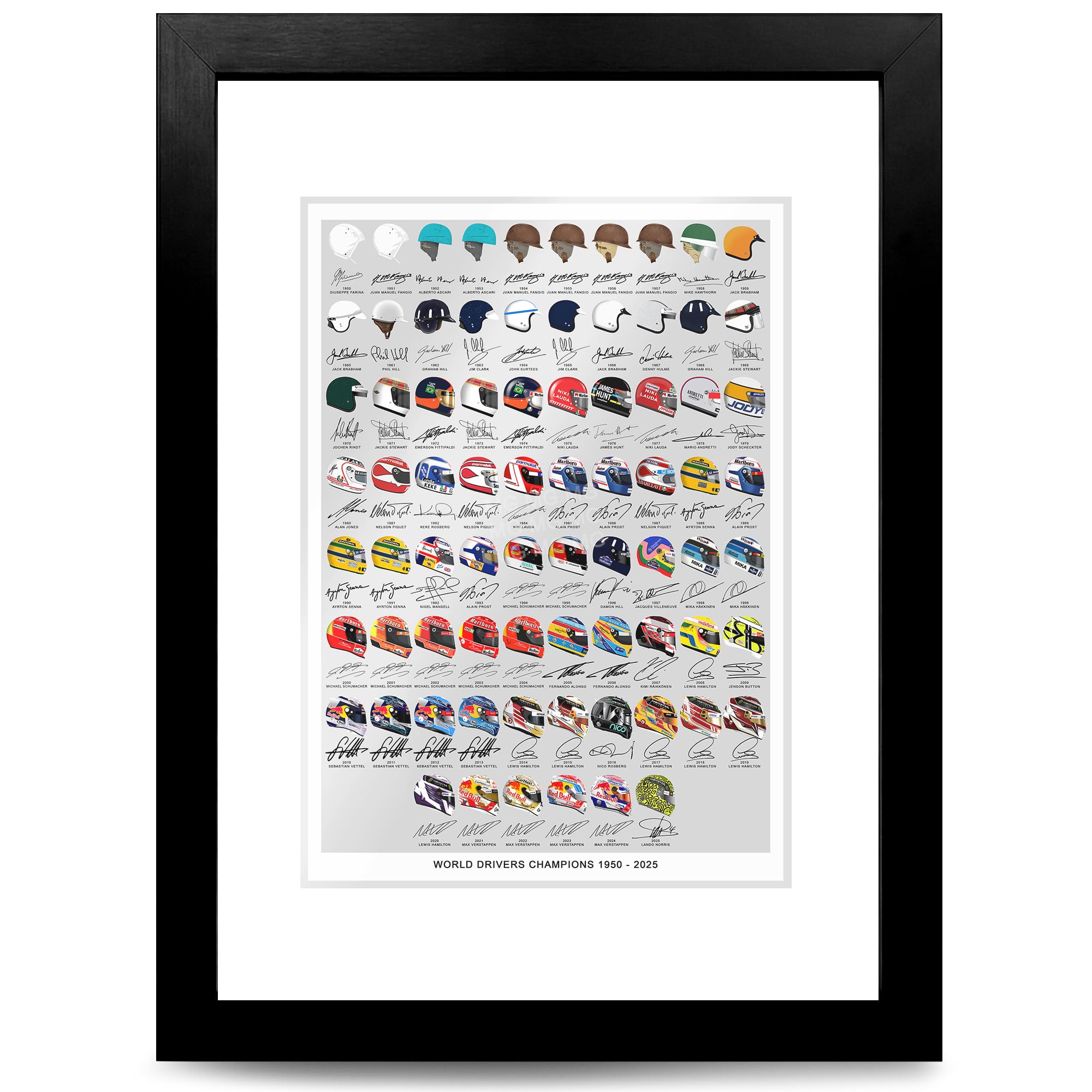 Formula One all world drivers champions F1 drivers cars 1950-2025 season signed poster print picture photo autograph Grand Prix gift (Helmets, A4 Black Framed & Mounted)