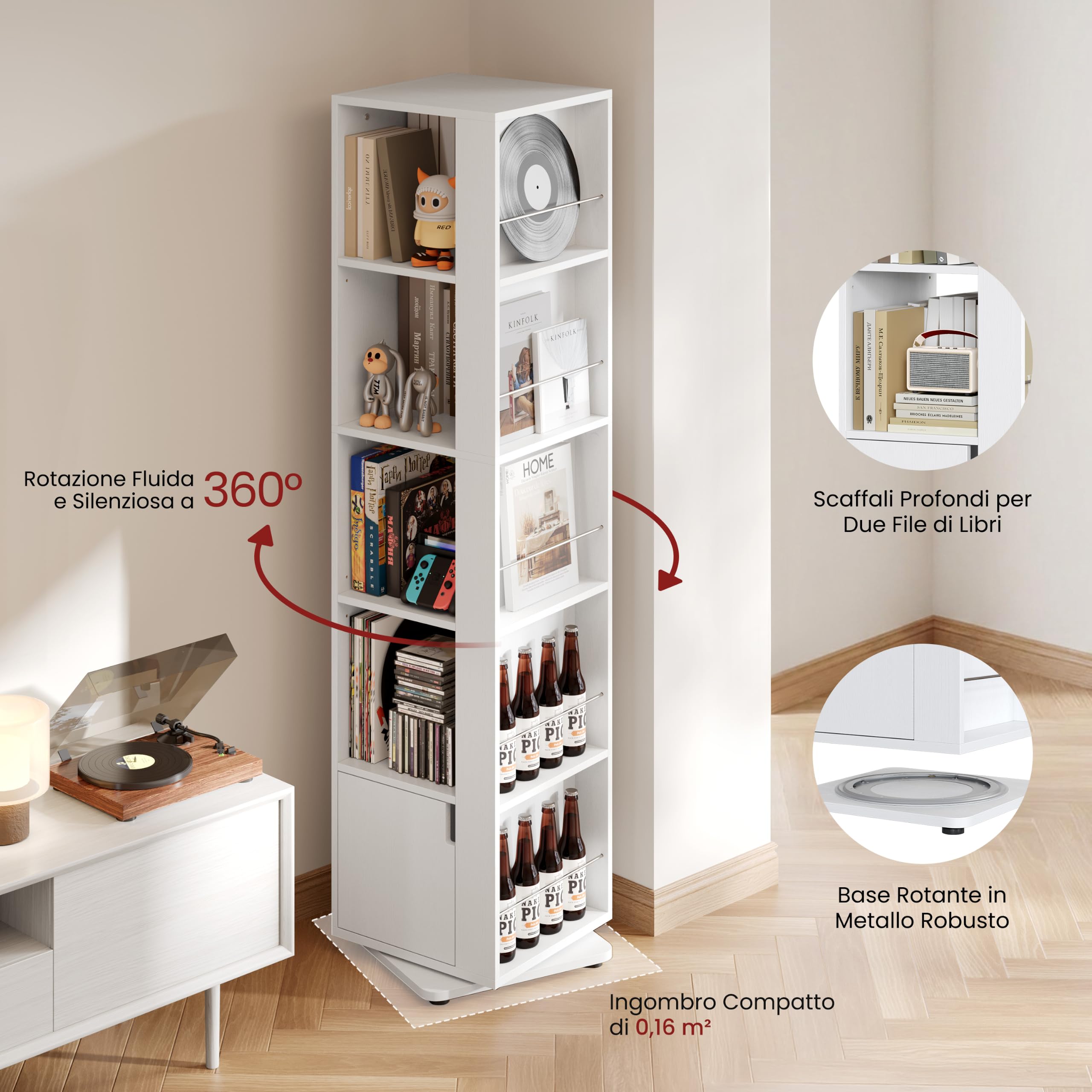 Yaheetech Libreria Girevole 360°, Scaffale Angolare a 5 Ripiani 42×42×169 cm, Libreria a Torre Grande Capacità con Ripiani Regolabili, Salvaspazio per Soggiorno, Camera da Letto, Studio (Bianco)