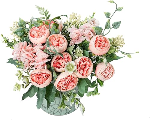 Miniatura 7 de Ramo de flores artificiales de seda artificial, 5 ramas, rosas pequeñas para decoración de mesas de boda, hogar, oficina, 2 paquetes de 2 (rosa)