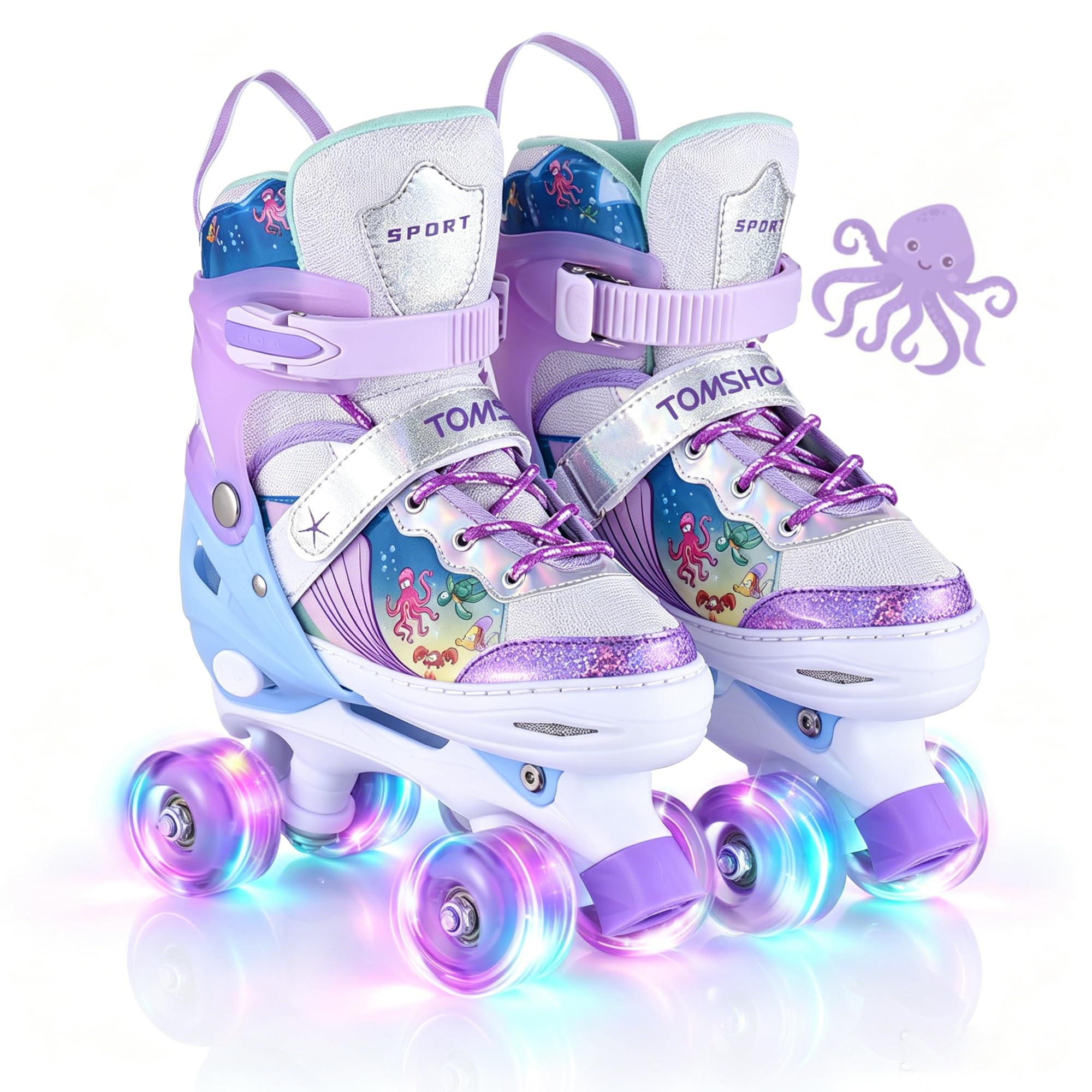 TOMSHOO Roller Skates for Girls Boys Kids Roller Skates 4 Sizes Adjustable Quad Skates With Light Up Wheels Roller Boots for Indoor Outdoor Birthday Gift (Ocean Purple, Medium(UK1-3))