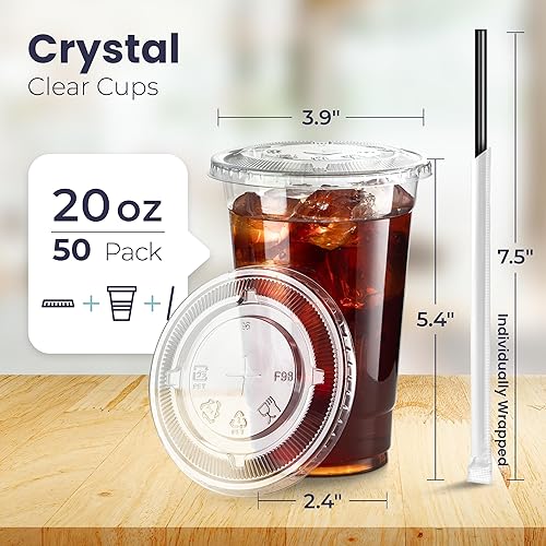 Miniatura 2 de Fit Meal Prep Paquete de 100 tazas de plástico para café helado de 20 onzas con tapas planas y pajitas negras, taza transparente desechable, taza