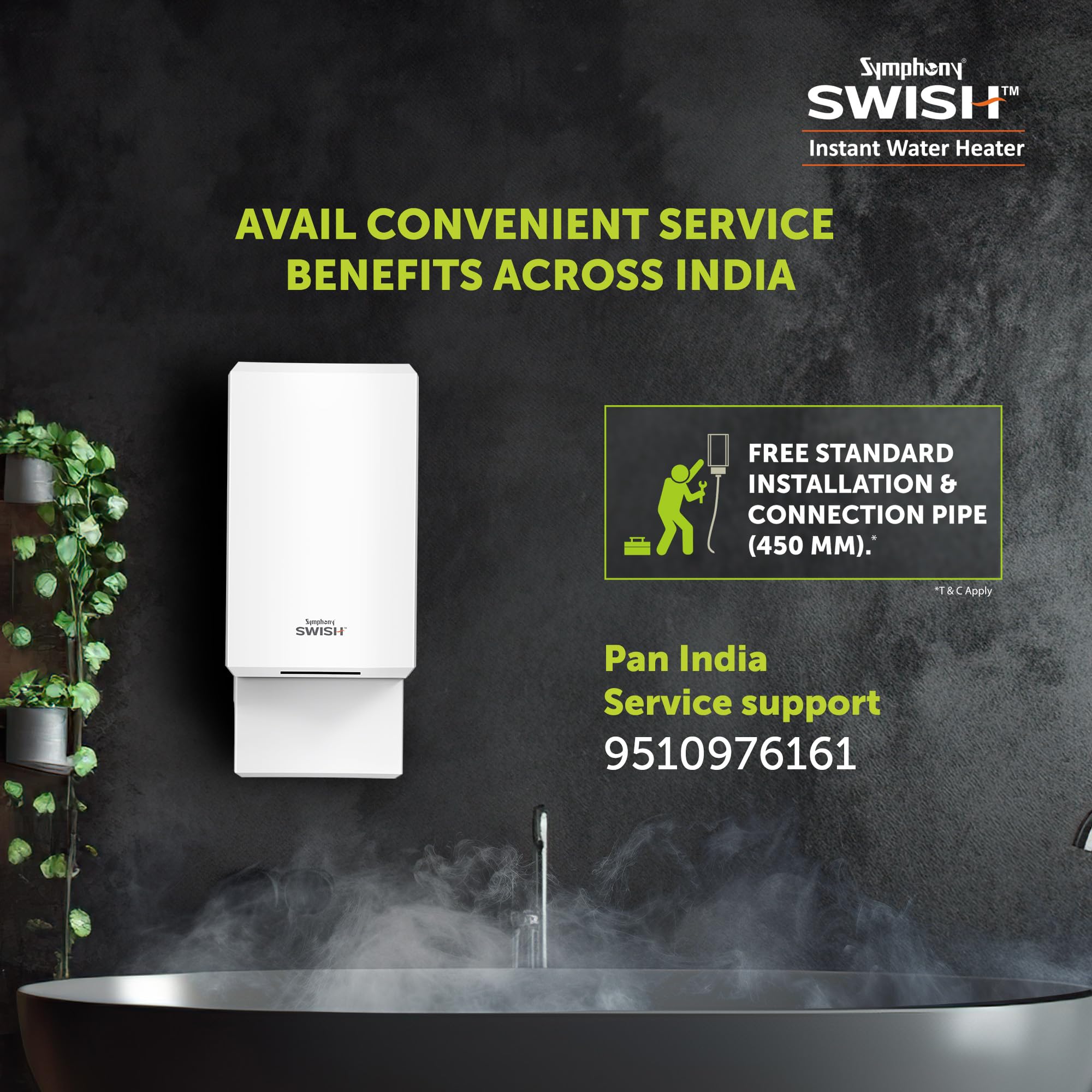 Symphony Swish 3L Instant Water Heater | 3KW Heating | Fast Heating for Kitchen & Bathroom Application | High Rise Compatible| Copper Heating Element| Color Changing LED Color | Free Installation 4
