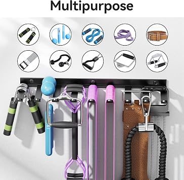 Wall Mounted Home Gym Equipment Storage Rack, Cable Attachments, Lifting Belts, Jump Ropes and Chains