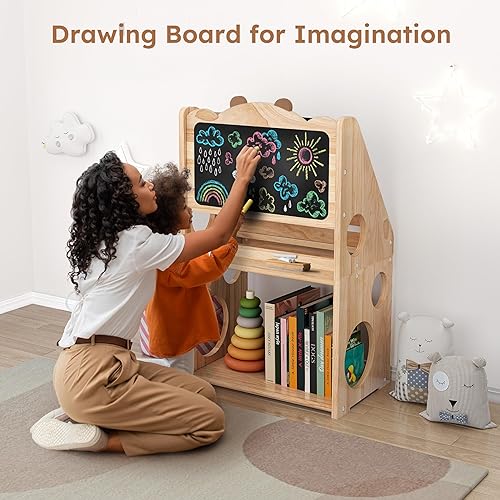 Miniatura 10 de Estantería Montessori para niños, estantería de madera natural con pizarra y almacenamiento, estante para revistas para niños, organizador de