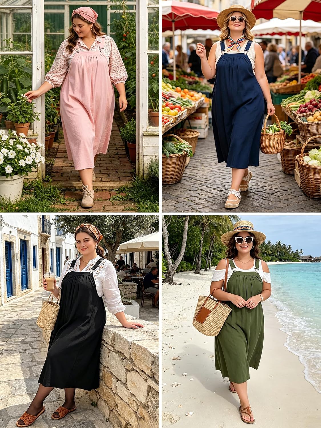 Moon Wood Plus Size Cotton Overall Dress for Women Casual Maxi Dress Adjustable Strap jumper dress with Pockets