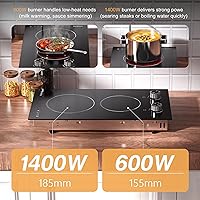 Vista 3 de Placa de cocina eléctrica de 2 quemadores, enchufe de estufa eléctrica de 110 V, placa de cocina eléctrica de 2000 W con controles de perilla