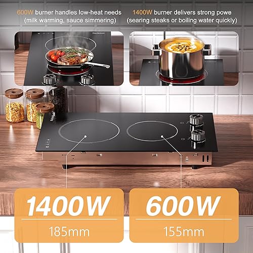 Miniatura 3 de Placa de cocina eléctrica de 2 quemadores, enchufe de estufa eléctrica de 110 V, placa de cocina eléctrica de 2000 W con controles de perilla, Negro