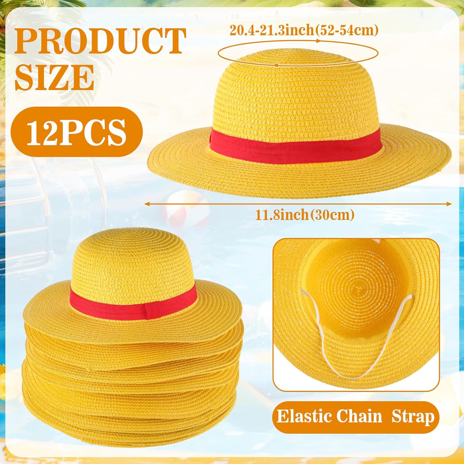 12 Pcs Yellow Straw Hats with Red Rope Costumes Cosplay Accessories Bulk for Valentine Summer Party Birthday Decoration(the Head Circumference Diameter Ranges from 6.5 Inches to 6.8 Inches) - Image 2