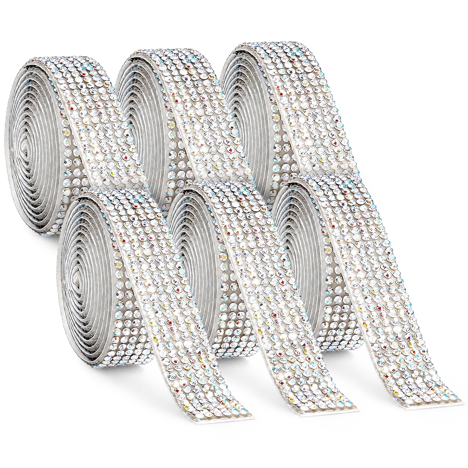 Koythin 6 Rolls Self Adhesive Glitter Rhinestone Ribbon, 13.5mm Wide High-Density Crystal Bedazzling Strips for Wedding DIY, Sparkle Diamond Tape for Gift Wrapping, Phone and Home Decor (Crystal AB)