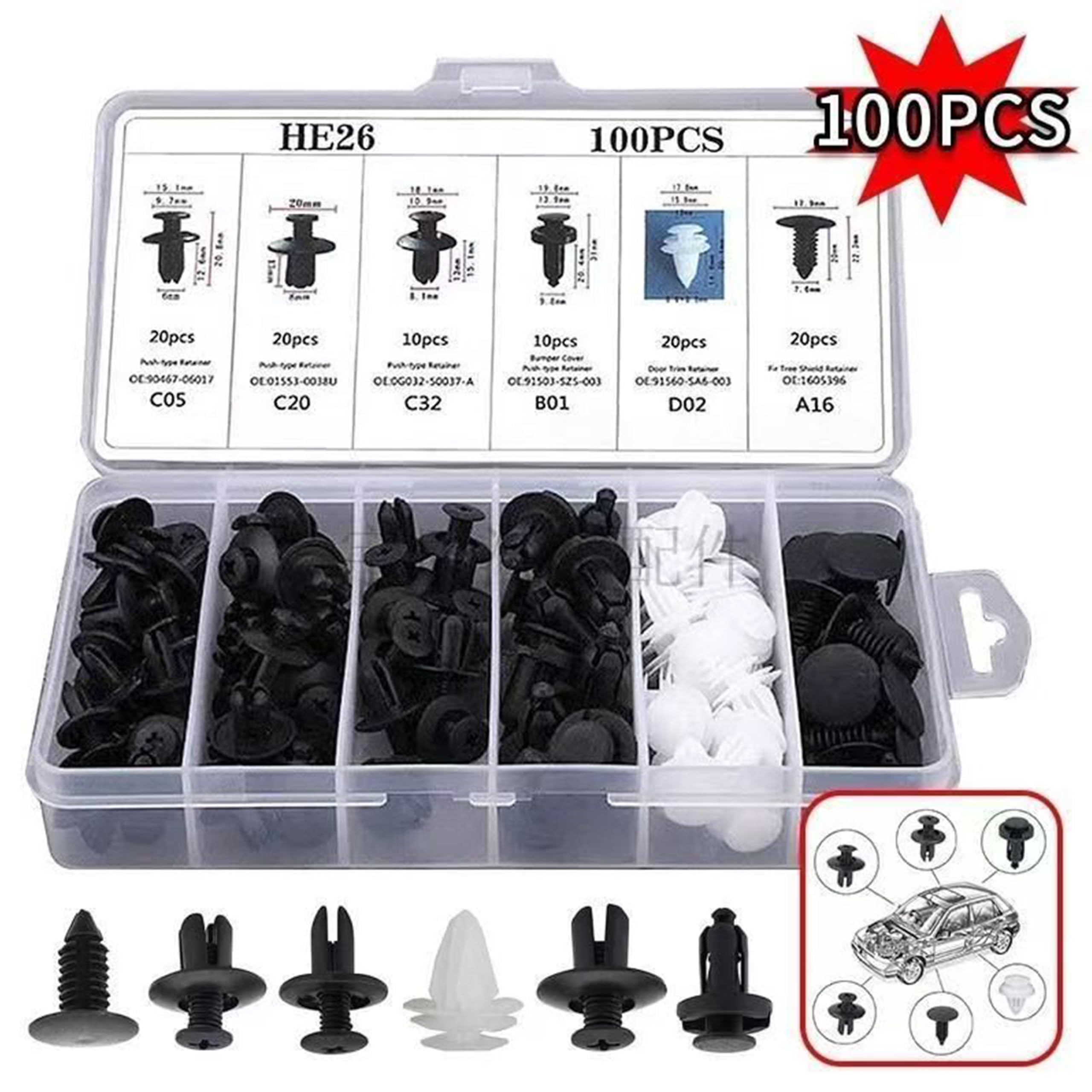 100 Pièces Clips de Fixation Voiture pour Citroen Jumpy III/3 XS 2016-2024,6 Taille Clips Agrafes Carrosserie livrer 5 Outils de démontage de vis de Voiture