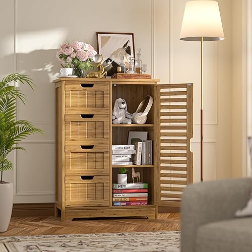 Miniatura 2 de VEIKOU Bathroom Floor Storage Cabinet with 4 Drawers, Freestanding Bamboo Cabinet with 2 Removable Shelves, 24" W x 12" D x 33" H, Living Room