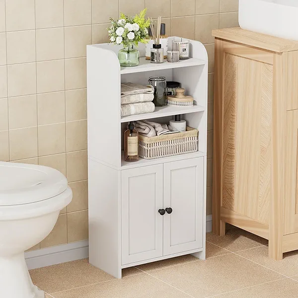 Homhedy Small Bathroom Storage Cabinet, Freestanding Toilet Paper Storage with 2 Doors and Shelves, Bathroom Organizers and Storage for Small Spaces, Laundry Room, 7.9" D x 14.6" W x 31" H, White