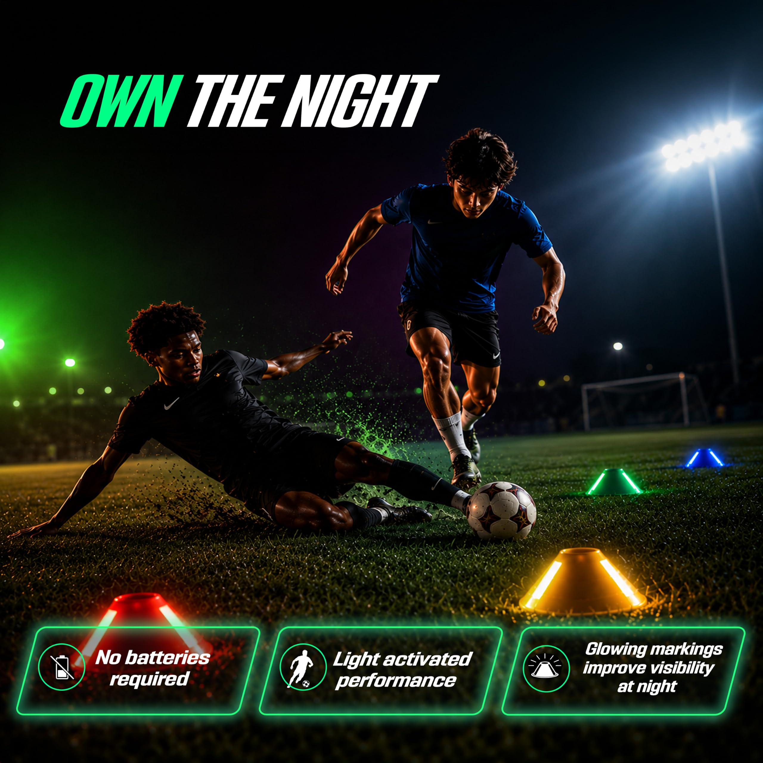 Coni di agilità fosforescenti, set di 50 coni dischi da calcio attivati dalla luce con supporto, 5 colori, per allenamento notturno di velocità e agilità, interno/esterno